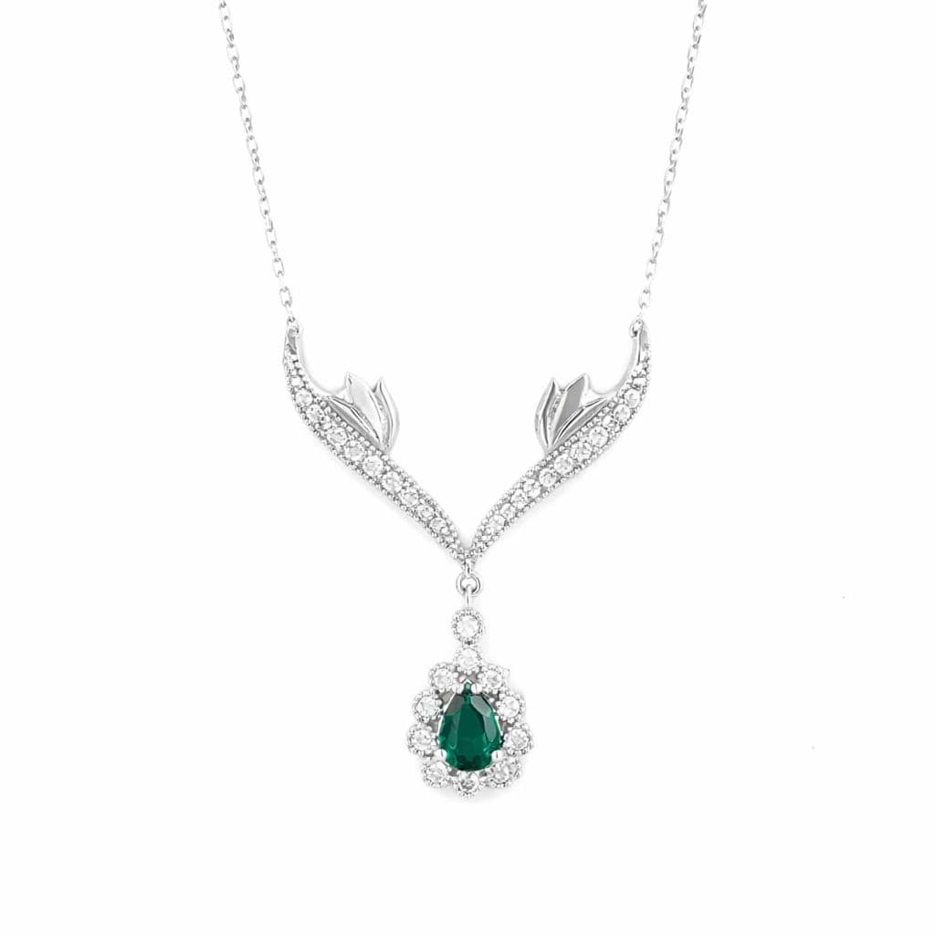 Yeşil Zirkon Taşlı Melek Kanadı Tasarımlı Kadın Gümüş Kolye resmi